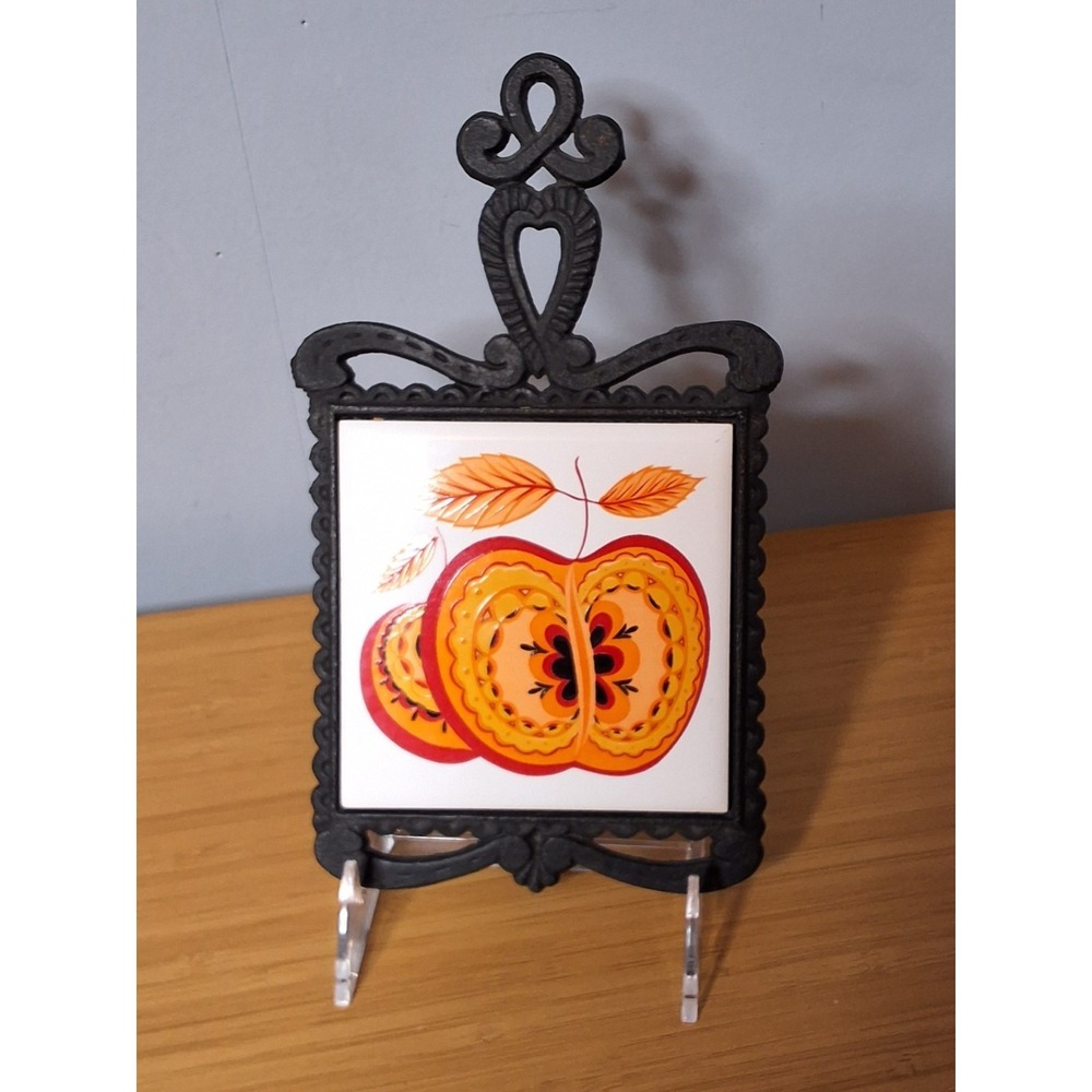 Vintage 1970's Retro Cast Iron Apple Ceramic Tile Trivet, Made In Japan. GVC